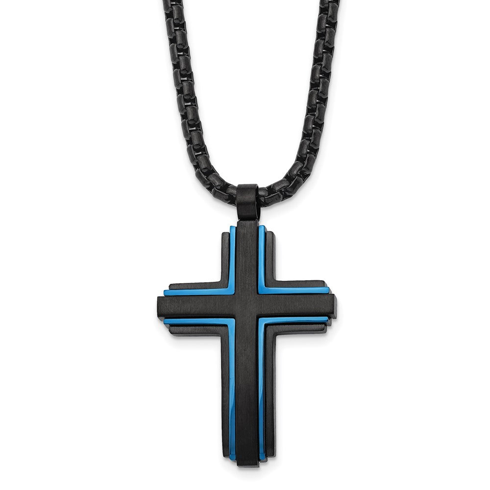 Men's Black Blue Plated Stainless Steel Cross Necklace, 24 Inch