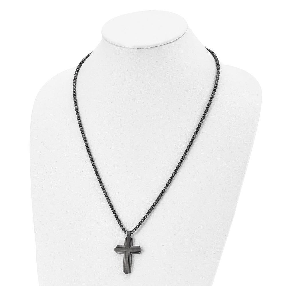 Alternate view of the Black Plated Stainless Steel Brushed & Polished Cross Necklace, 24 In by The Black Bow Jewelry Co.
