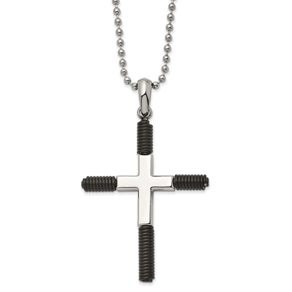 Mens Stainless Steel & Black Plated Coiled XL Cross Necklace, 22 Inch, Item N23208 by The Black Bow Jewelry Co.