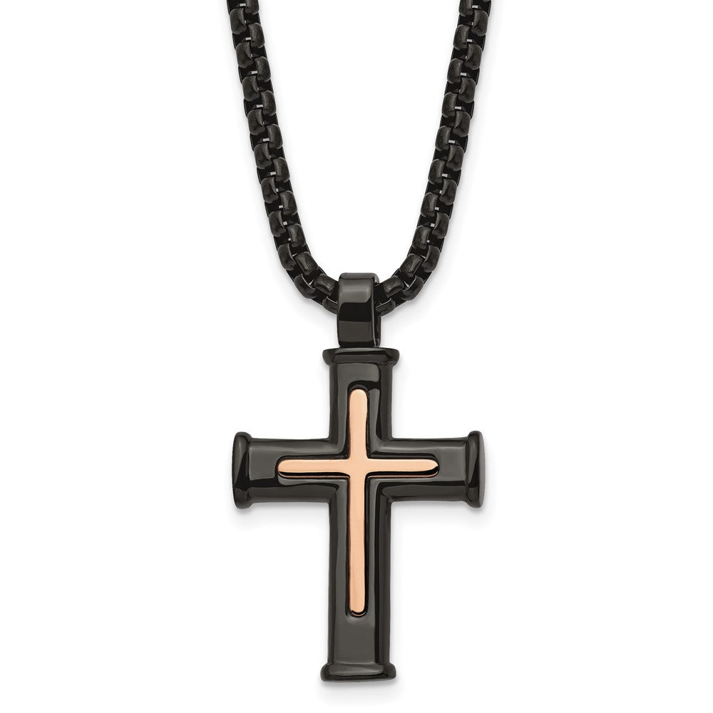 Mens Black & Rose Tone Plated Stainless Steel Cross Necklace, 24 Inch, Item N23209 by The Black Bow Jewelry Co.