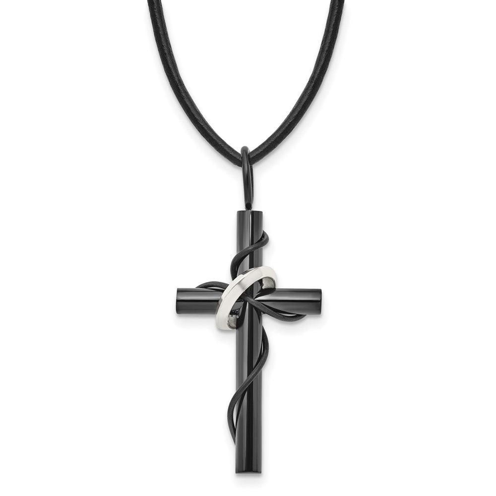 Black Plated Stainless Steel & Leather Cord Cross Necklace, 20 Inch, Item N23210 by The Black Bow Jewelry Co.