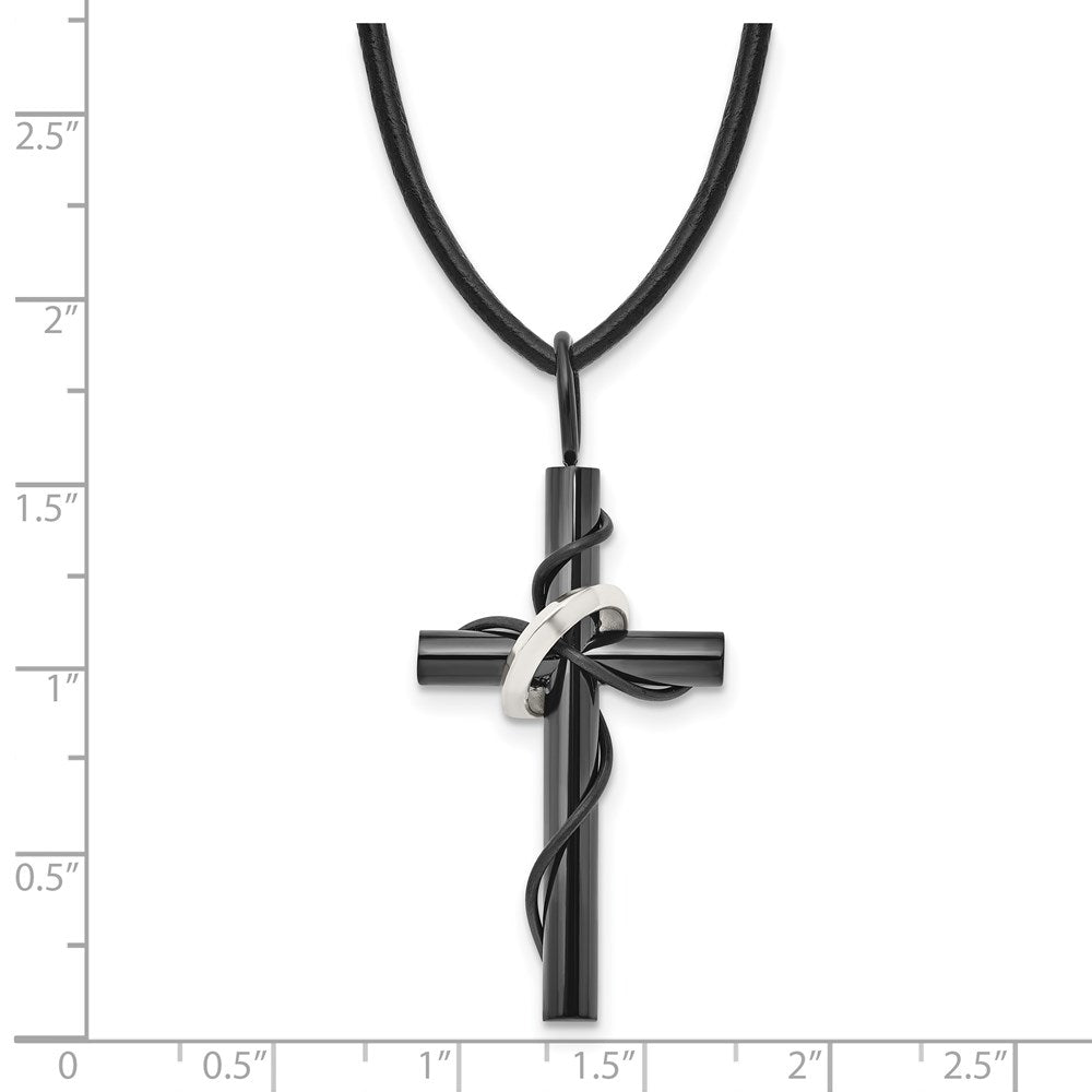 Alternate view of the Black Plated Stainless Steel & Leather Cord Cross Necklace, 20 Inch by The Black Bow Jewelry Co.