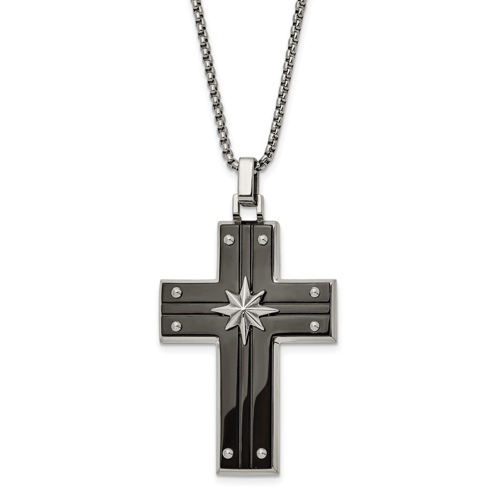 Men's Stainless Steel Two Tone Large Starburst Cross Necklace, 24 Inch, Item N23214 by The Black Bow Jewelry Co.