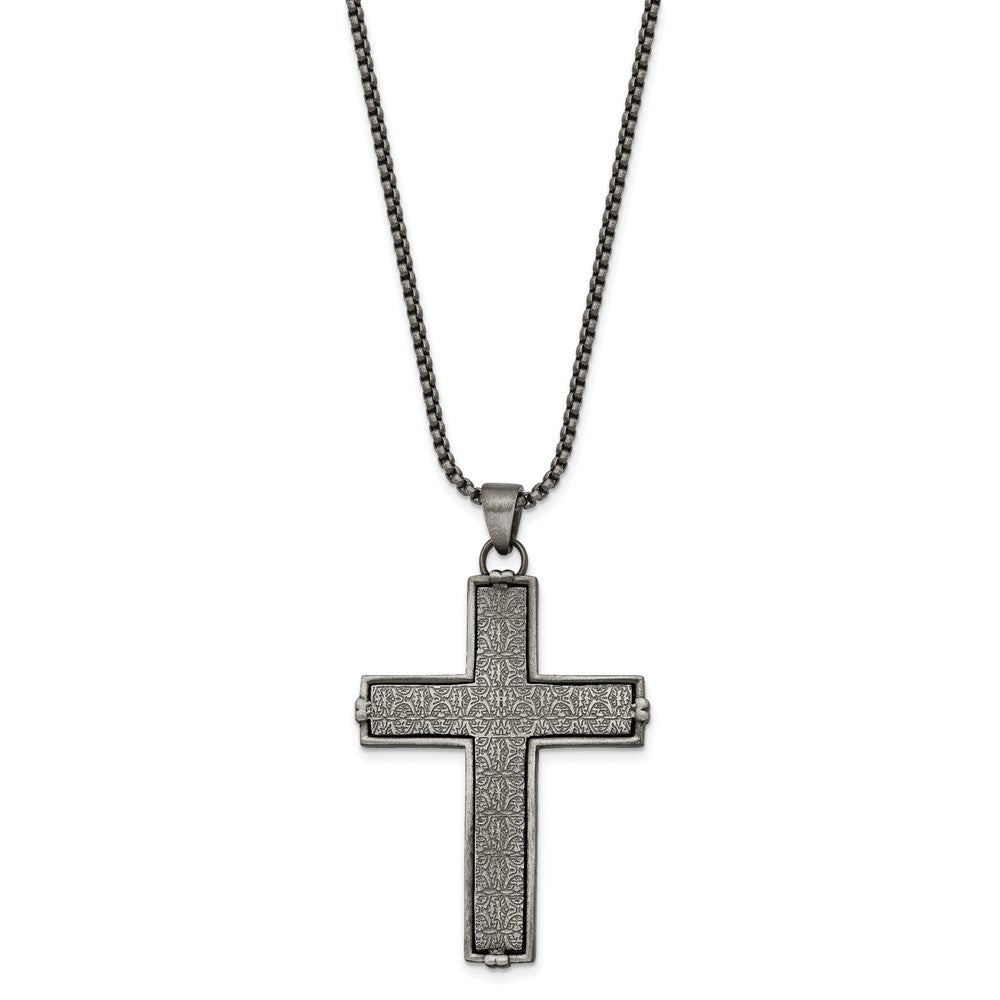 Alternate view of the Men's Stainless Steel Antiqued Textured Large Cross Necklace, 24 Inch by The Black Bow Jewelry Co.