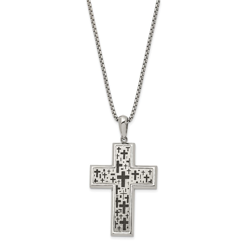 Alternate view of the Stainless Steel Two Tone Brushed & Laser Cut Cross Necklace, 24 In by The Black Bow Jewelry Co.