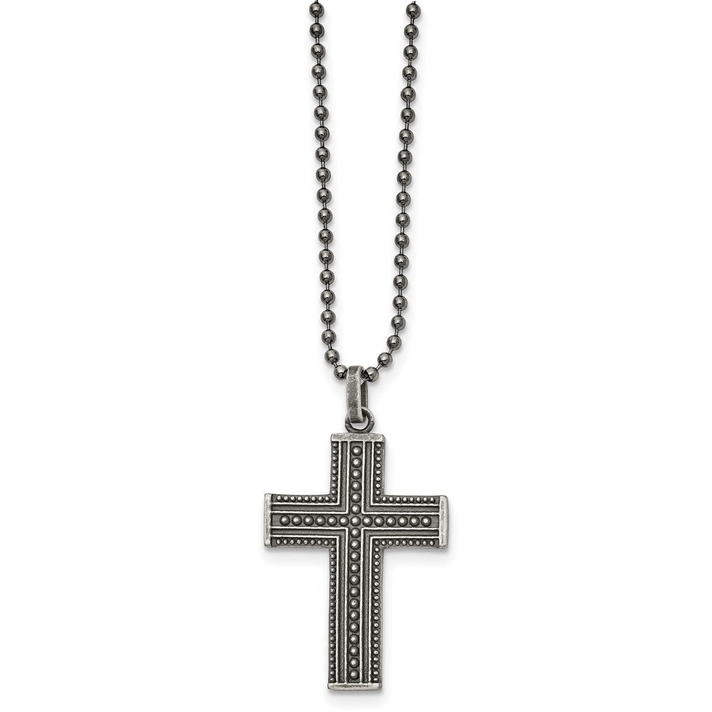 Gunmetal Plated Stainless Steel Antiqued Beaded Cross Necklace, 22 In, Item N23219 by The Black Bow Jewelry Co.