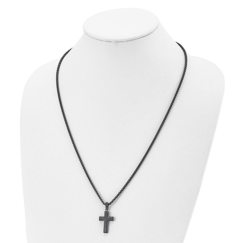 Alternate view of the Dark Gray Plated Stainless Steel Small Cross Necklace, 24 Inch by The Black Bow Jewelry Co.