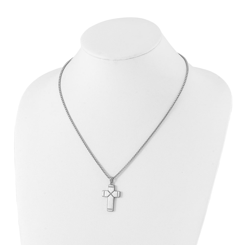 Alternate view of the Stainless Steel Brushed & Grooved Cross Necklace, 19.5 Inch by The Black Bow Jewelry Co.