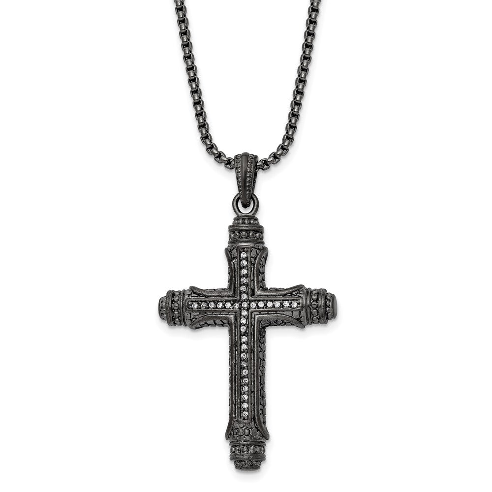 Gunmetal Plated Stainless Steel CZ Large Pillar Cross Necklace, 24 In, Item N23229 by The Black Bow Jewelry Co.