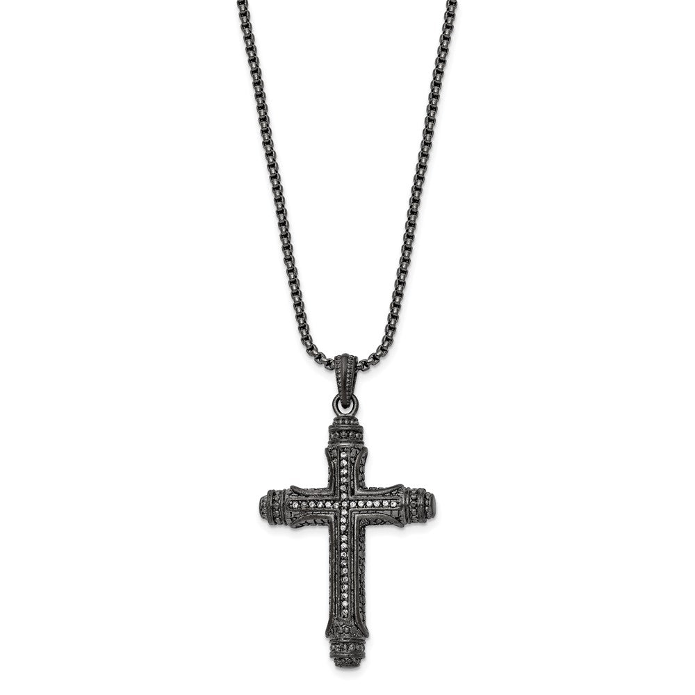 Alternate view of the Gunmetal Plated Stainless Steel CZ Large Pillar Cross Necklace, 24 In by The Black Bow Jewelry Co.
