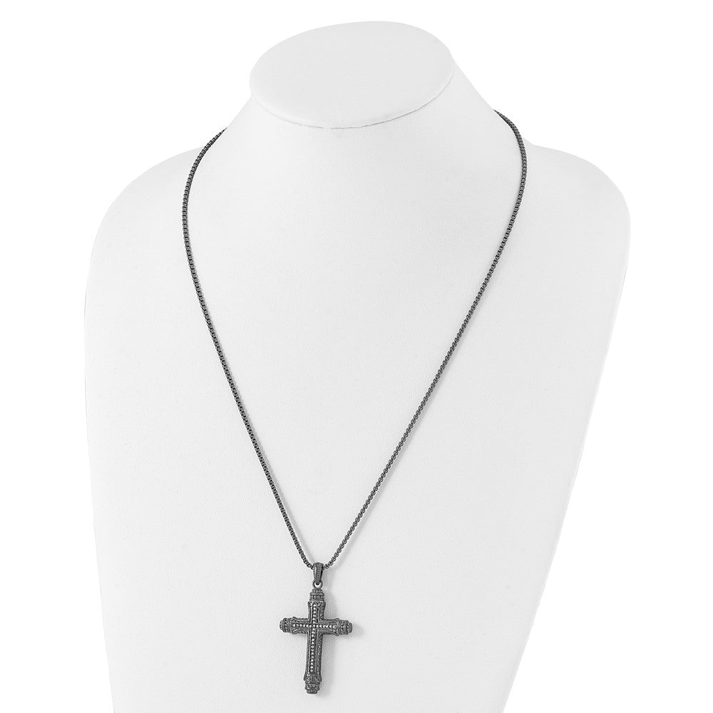 Alternate view of the Gunmetal Plated Stainless Steel CZ Large Pillar Cross Necklace, 24 In by The Black Bow Jewelry Co.