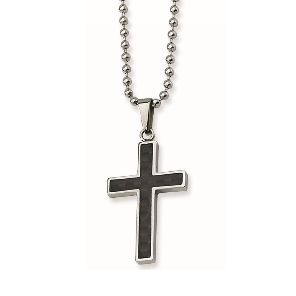 Men's Stainless Steel & Blk Carbon Fiber Inlay Cross Necklace, 22 Inch, Item N23230 by The Black Bow Jewelry Co.