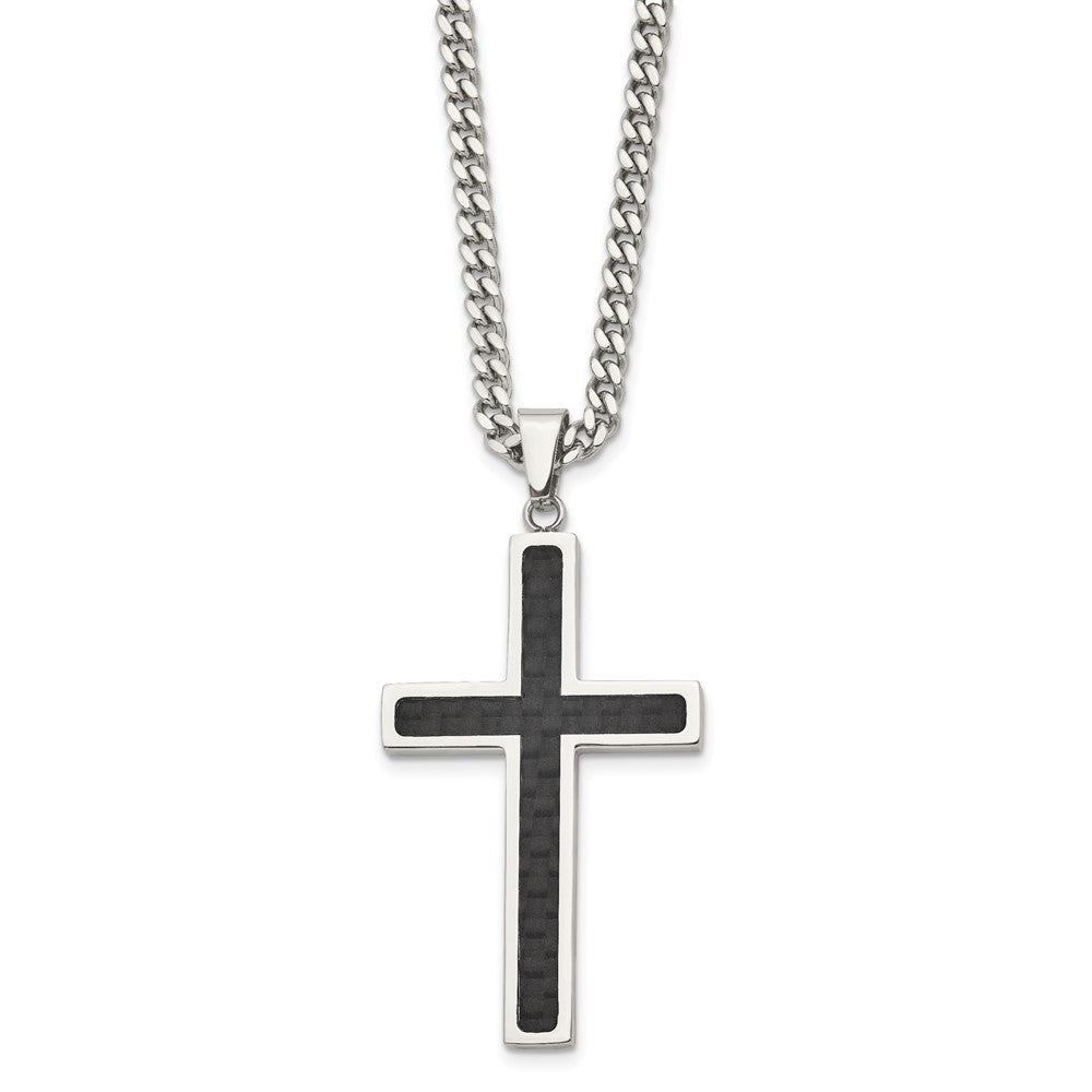 Men's Stainless Steel & Blk Carbon Fiber Large Cross Necklace, 24 Inch, Item N23231 by The Black Bow Jewelry Co.