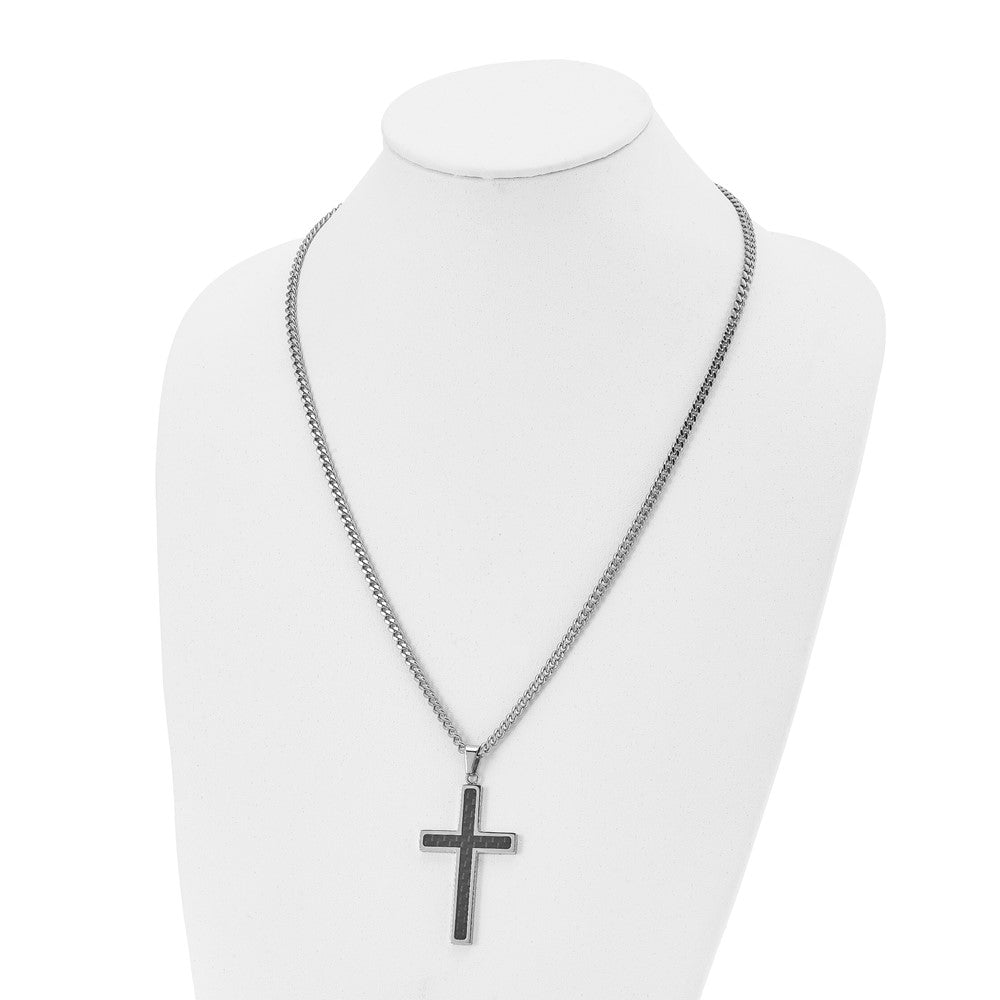 Alternate view of the Men's Stainless Steel & Blk Carbon Fiber Large Cross Necklace, 24 Inch by The Black Bow Jewelry Co.