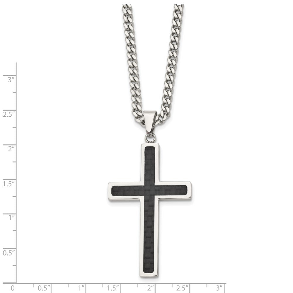 Alternate view of the Men's Stainless Steel & Blk Carbon Fiber Large Cross Necklace, 24 Inch by The Black Bow Jewelry Co.