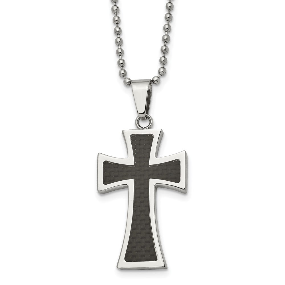 Stainless Steel & Blk Carbon Fiber Maltese Cross Necklace, 22 Inch, Item N23232 by The Black Bow Jewelry Co.