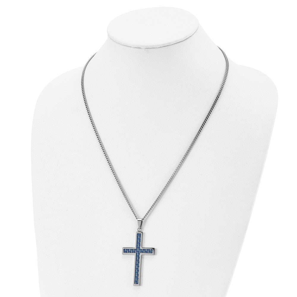 Alternate view of the Stainless Steel & Blue Carbon Fiber Large Cross Necklace, 22 Inch by The Black Bow Jewelry Co.
