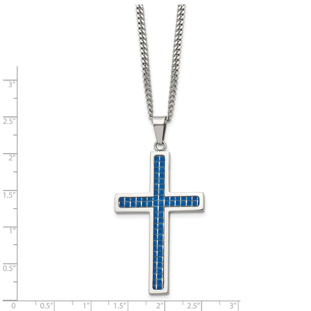 Alternate view of the Stainless Steel & Blue Carbon Fiber Large Cross Necklace, 22 Inch by The Black Bow Jewelry Co.