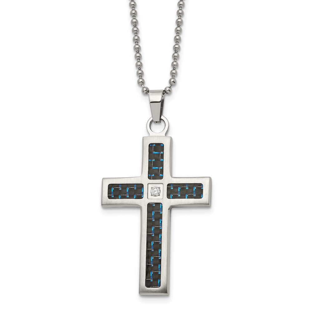 Stainless Steel, Black/Blue Carbon Fiber & CZ Cross Necklace, 22 Inch, Item N23237 by The Black Bow Jewelry Co.