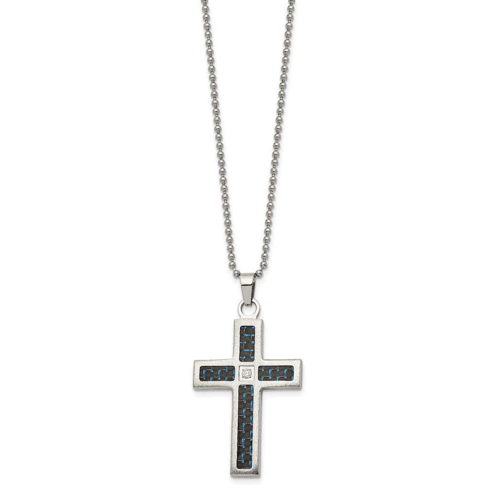 Alternate view of the Stainless Steel, Black/Blue Carbon Fiber & CZ Cross Necklace, 22 Inch by The Black Bow Jewelry Co.
