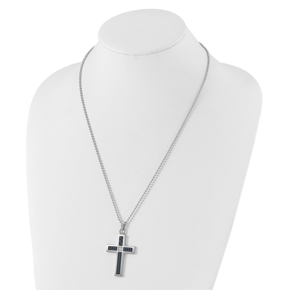 Alternate view of the Stainless Steel, Black/Blue Carbon Fiber & CZ Cross Necklace, 22 Inch by The Black Bow Jewelry Co.