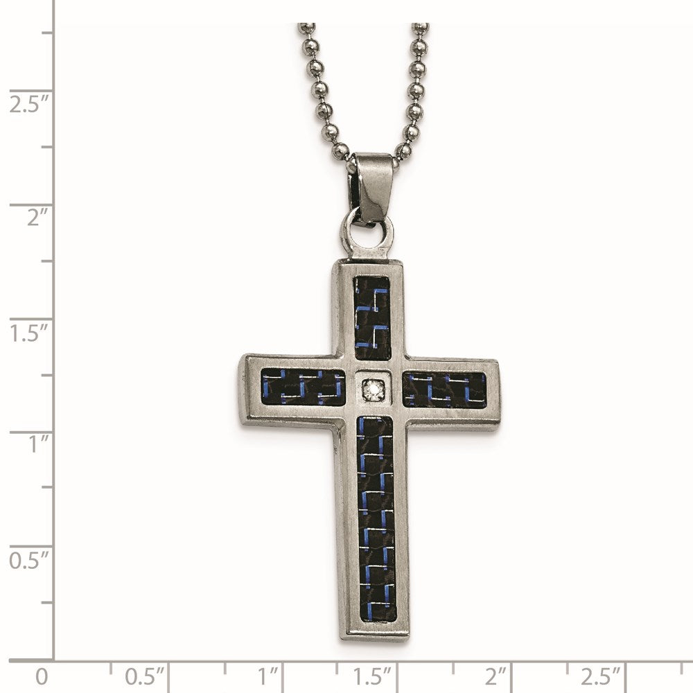 Alternate view of the Stainless Steel, Black/Blue Carbon Fiber & CZ Cross Necklace, 22 Inch by The Black Bow Jewelry Co.
