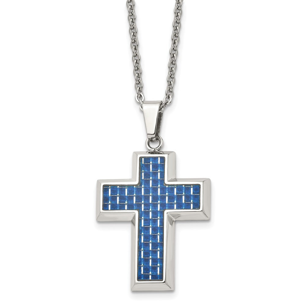 Men's Stainless Steel & Blue Carbon Fiber Inlay Cross Necklace, 22 In, Item N23238 by The Black Bow Jewelry Co.