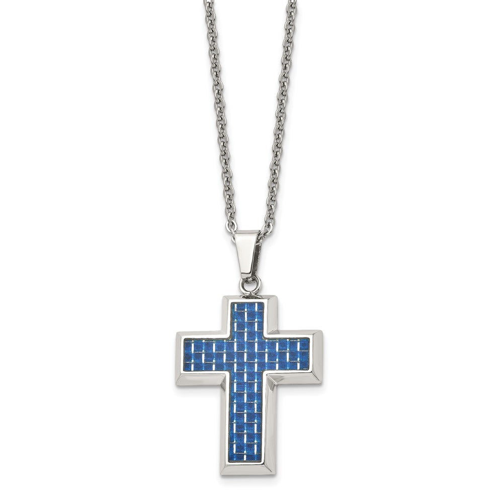 Alternate view of the Men's Stainless Steel & Blue Carbon Fiber Inlay Cross Necklace, 22 In by The Black Bow Jewelry Co.