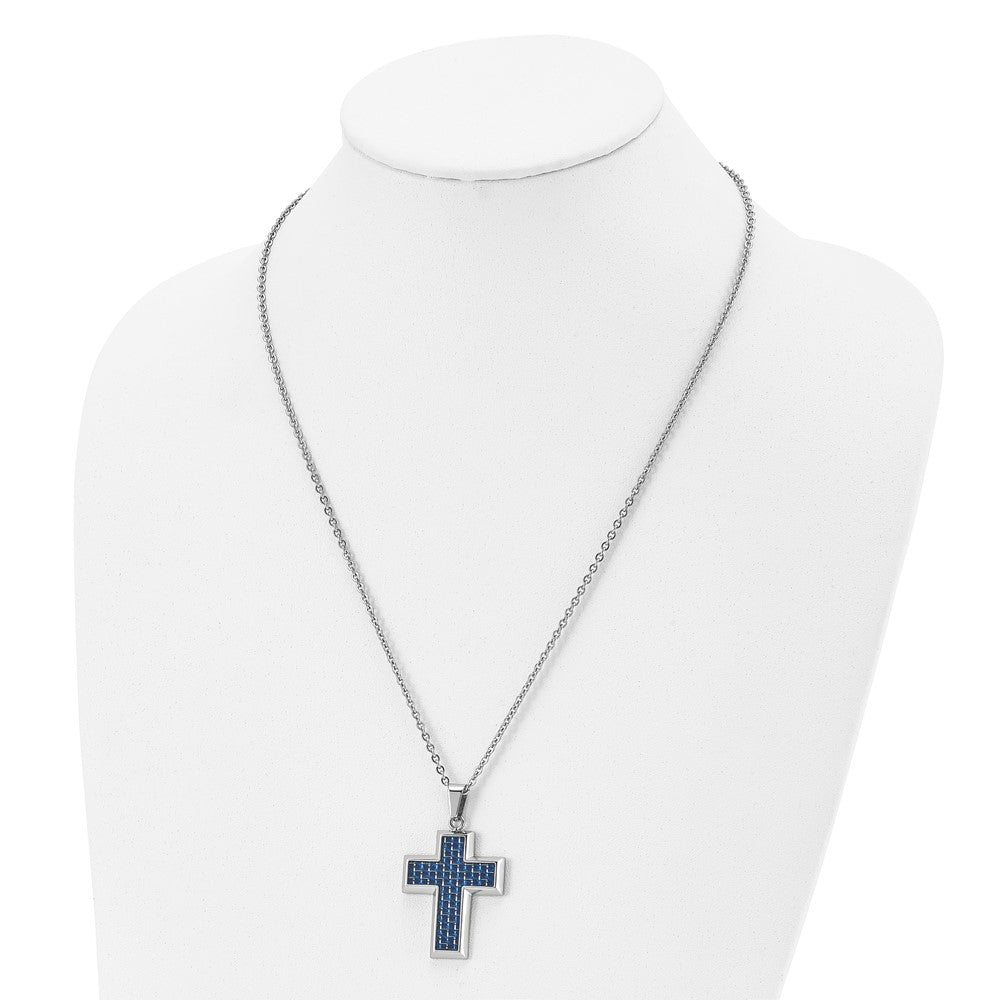 Alternate view of the Men's Stainless Steel & Blue Carbon Fiber Inlay Cross Necklace, 22 In by The Black Bow Jewelry Co.