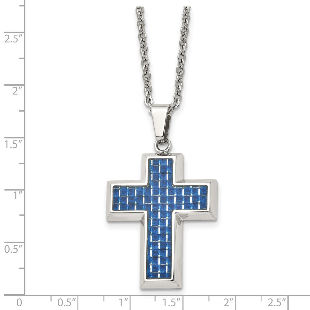 Alternate view of the Men's Stainless Steel & Blue Carbon Fiber Inlay Cross Necklace, 22 In by The Black Bow Jewelry Co.
