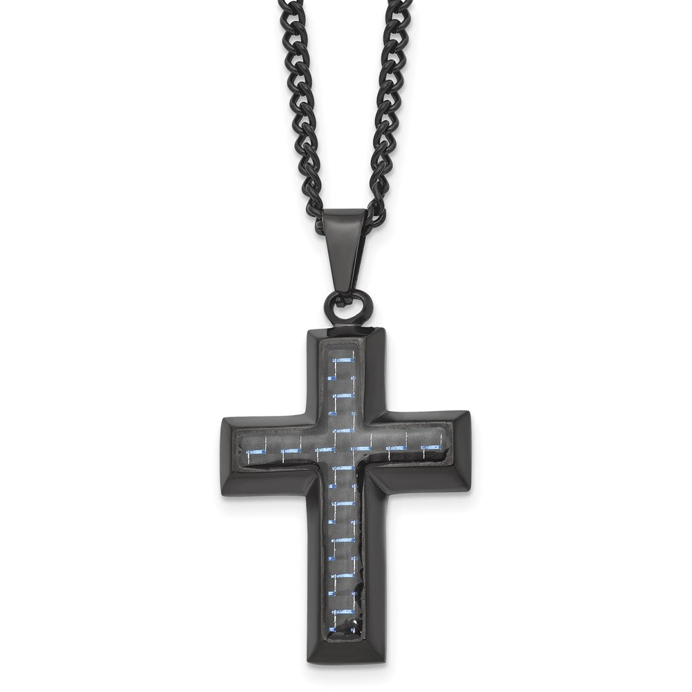 Black Plated Stainless Steel Blue Carbon Fiber Cross Necklace, 24 Inch, Item N23239 by The Black Bow Jewelry Co.