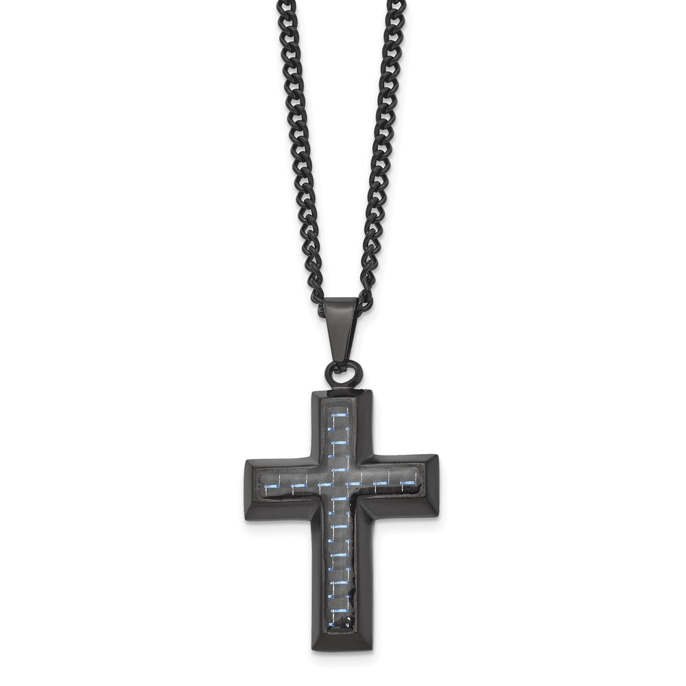 Alternate view of the Black Plated Stainless Steel Blue Carbon Fiber Cross Necklace, 24 Inch by The Black Bow Jewelry Co.