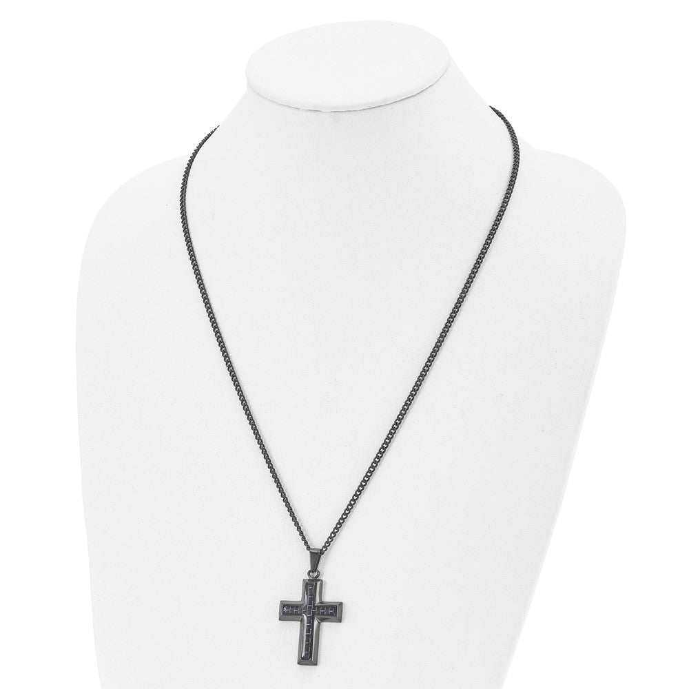 Alternate view of the Black Plated Stainless Steel Blue Carbon Fiber Cross Necklace, 24 Inch by The Black Bow Jewelry Co.