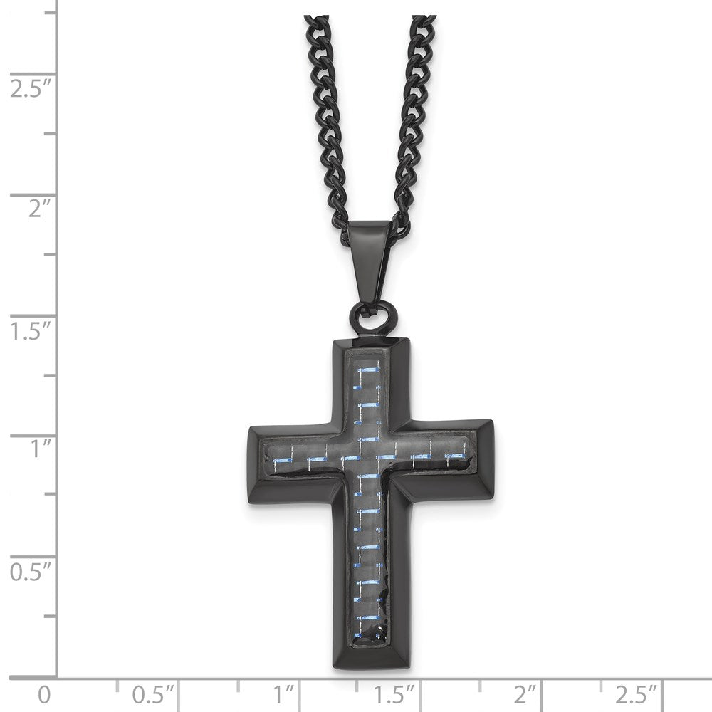 Alternate view of the Black Plated Stainless Steel Blue Carbon Fiber Cross Necklace, 24 Inch by The Black Bow Jewelry Co.