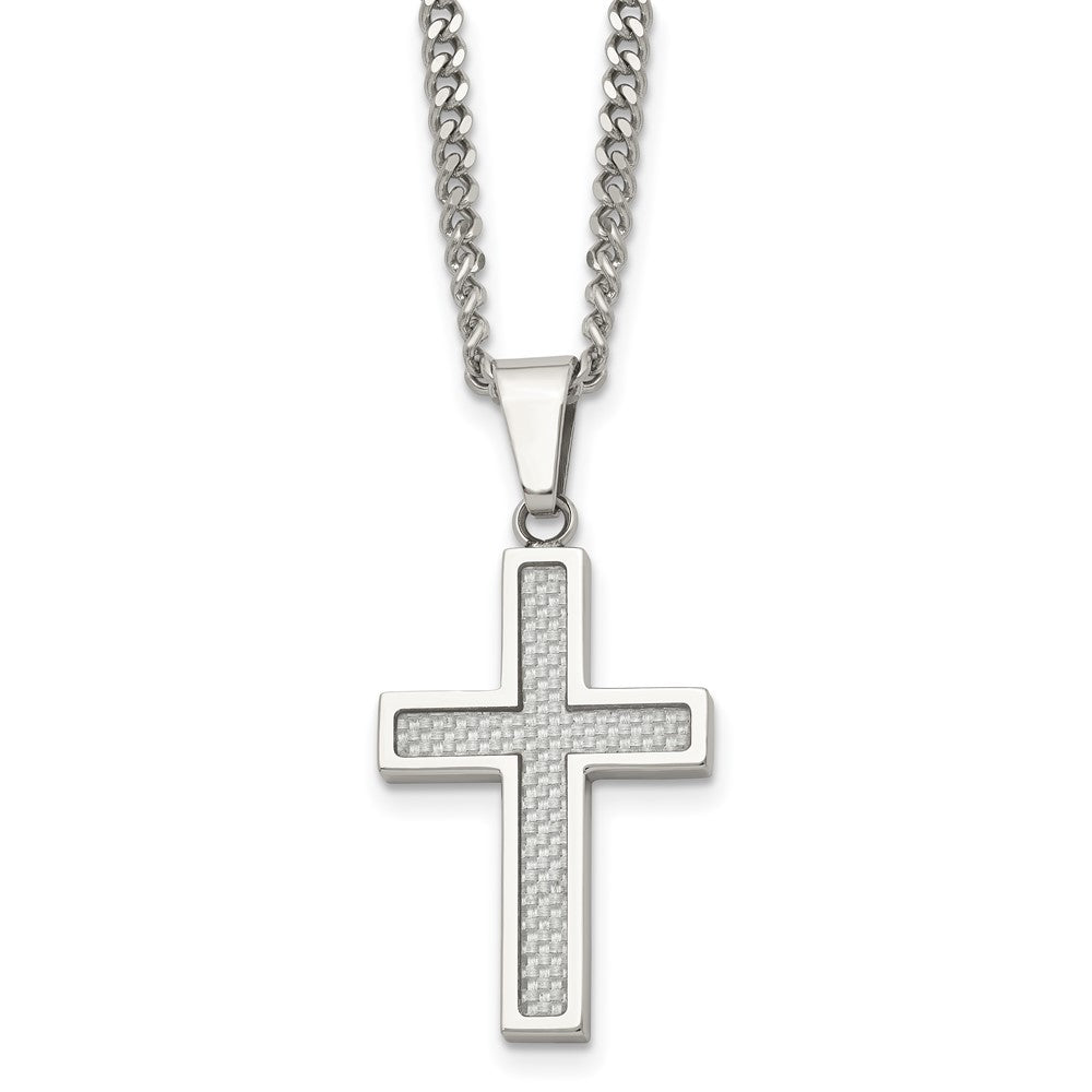 Stainless Steel & Gray Carbon Fiber Small Cross Necklace, 20 Inch, Item N23240 by The Black Bow Jewelry Co.