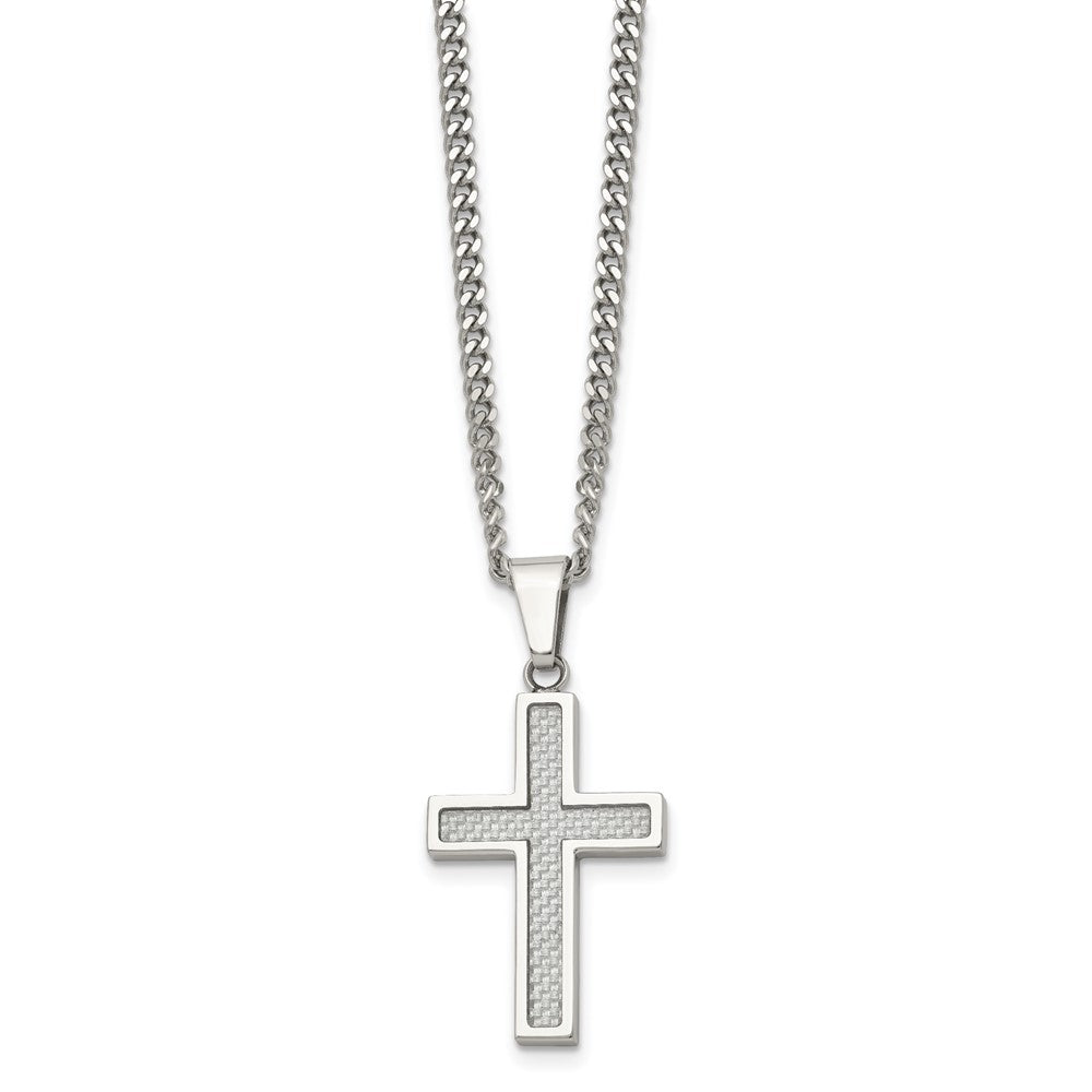Alternate view of the Stainless Steel & Gray Carbon Fiber Small Cross Necklace, 20 Inch by The Black Bow Jewelry Co.