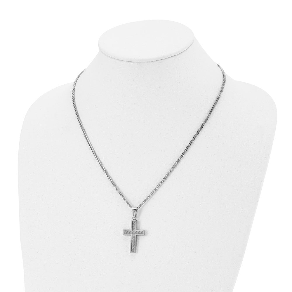 Alternate view of the Stainless Steel & Gray Carbon Fiber Small Cross Necklace, 20 Inch by The Black Bow Jewelry Co.