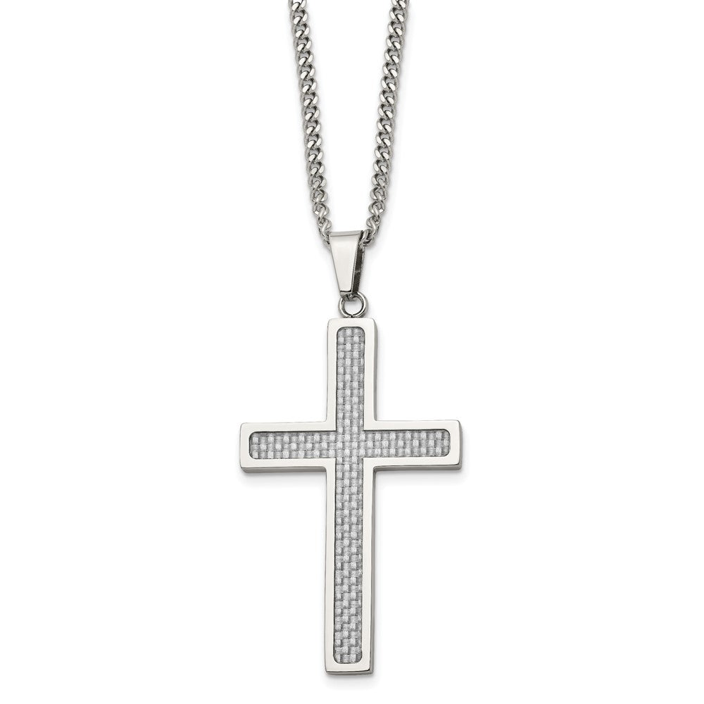 Stainless Steel & Gray Carbon Fiber Large Cross Necklace, 20 Inch, Item N23241 by The Black Bow Jewelry Co.