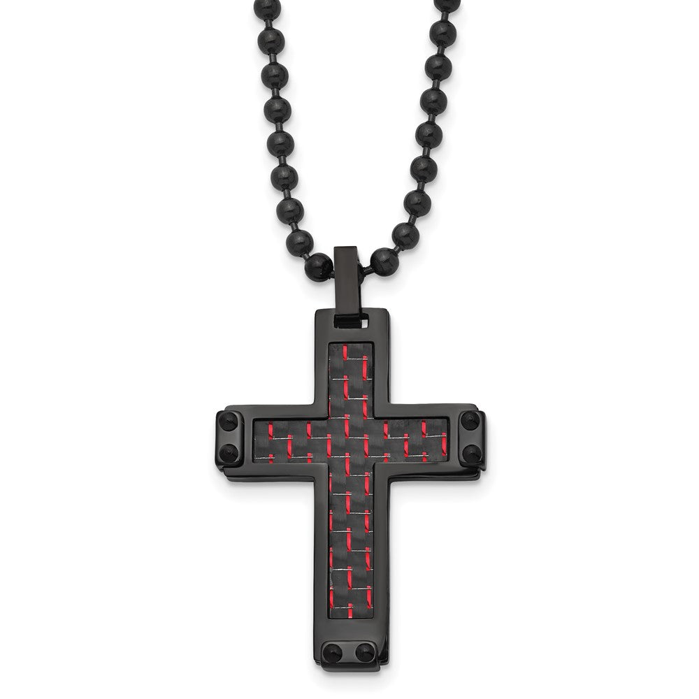 Black Plated Stainless Steel Blk/Red Carbon Fiber Cross Necklace, 22in, Item N23242 by The Black Bow Jewelry Co.