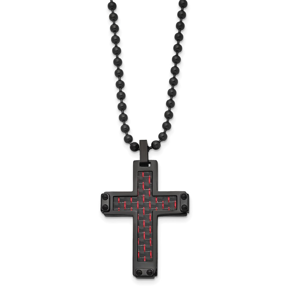 Alternate view of the Black Plated Stainless Steel Blk/Red Carbon Fiber Cross Necklace, 22in by The Black Bow Jewelry Co.