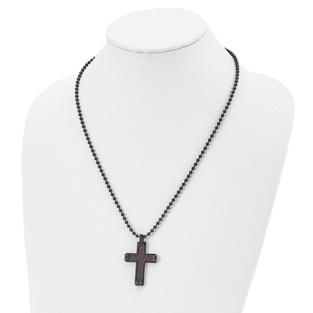 Alternate view of the Black Plated Stainless Steel Blk/Red Carbon Fiber Cross Necklace, 22in by The Black Bow Jewelry Co.