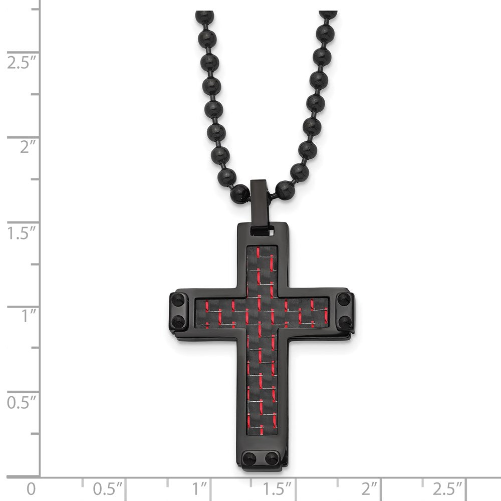 Alternate view of the Black Plated Stainless Steel Blk/Red Carbon Fiber Cross Necklace, 22in by The Black Bow Jewelry Co.