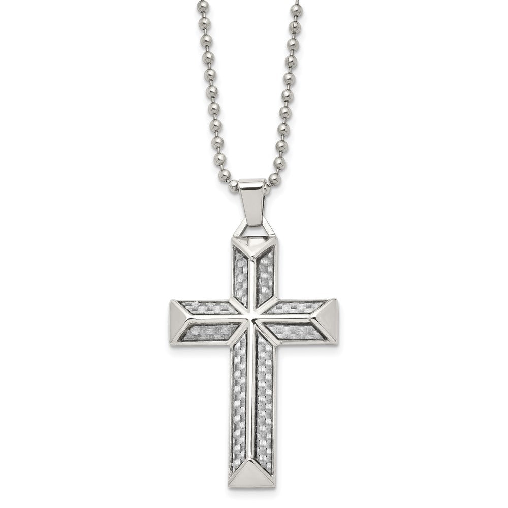 Mens Stainless Steel Gray Carbon Fiber Pyramid Cross Necklace, 24 Inch, Item N23243 by The Black Bow Jewelry Co.