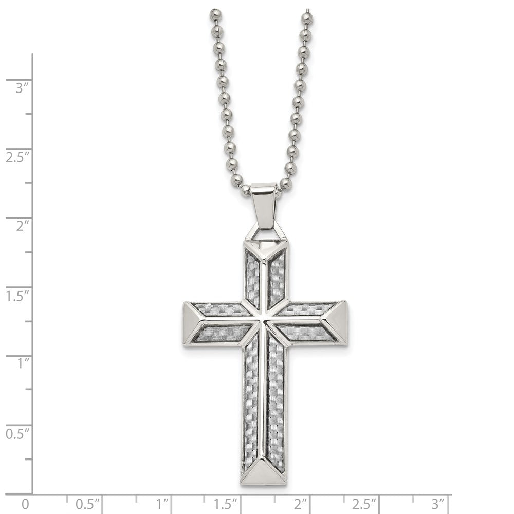 Alternate view of the Mens Stainless Steel Gray Carbon Fiber Pyramid Cross Necklace, 24 Inch by The Black Bow Jewelry Co.