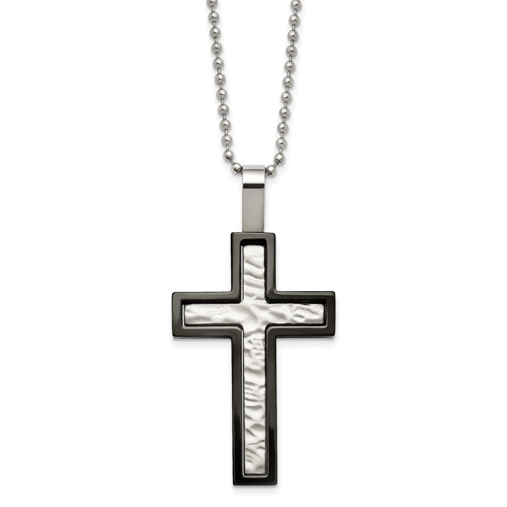 Stainless Steel & Black Plated Hammered Bordered Cross Necklace, 24 In, Item N23245 by The Black Bow Jewelry Co.