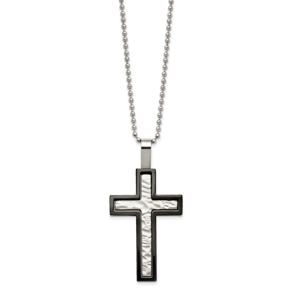 Alternate view of the Stainless Steel & Black Plated Hammered Bordered Cross Necklace, 24 In by The Black Bow Jewelry Co.