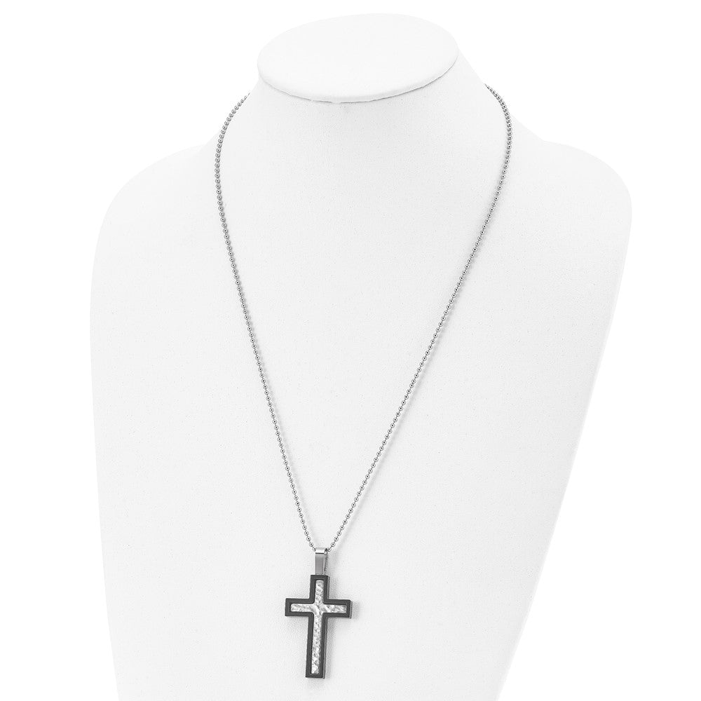 Alternate view of the Stainless Steel & Black Plated Hammered Bordered Cross Necklace, 24 In by The Black Bow Jewelry Co.
