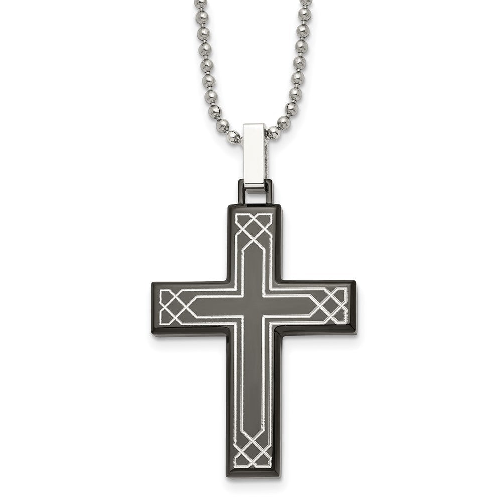 Stainless Steel, Black Plated & Laser Etched Cross Necklace, 24 Inch, Item N23246 by The Black Bow Jewelry Co.