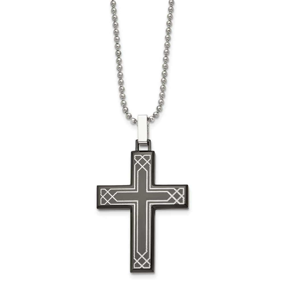 Alternate view of the Stainless Steel, Black Plated & Laser Etched Cross Necklace, 24 Inch by The Black Bow Jewelry Co.