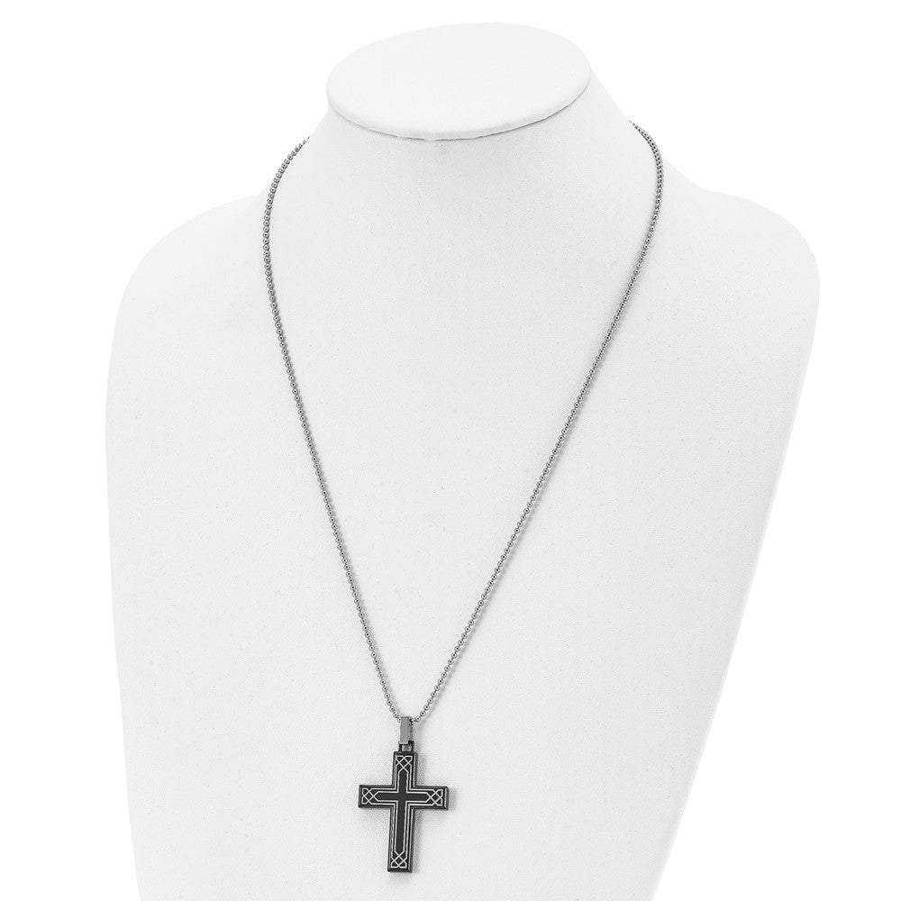 Alternate view of the Stainless Steel, Black Plated & Laser Etched Cross Necklace, 24 Inch by The Black Bow Jewelry Co.